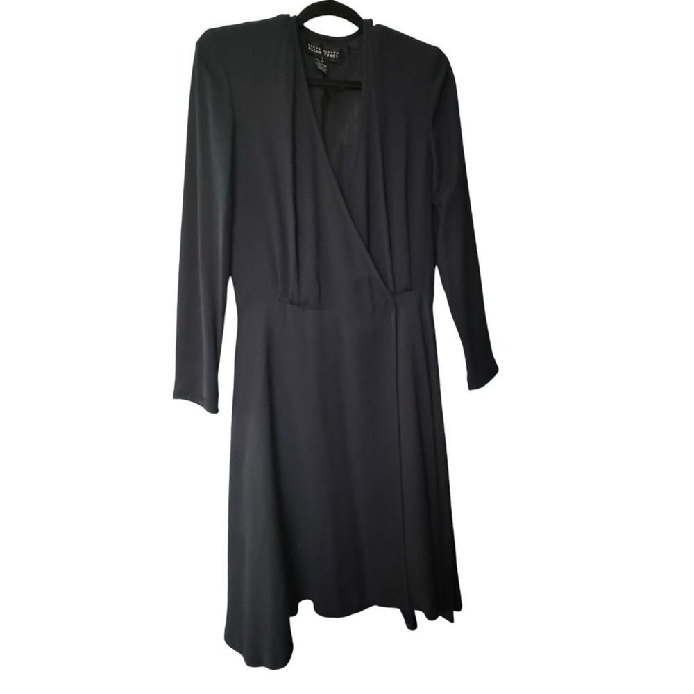 Linda Allard Ellen Tracy Dress Size Large Wrap Vintage Wool Blend Navy Blue